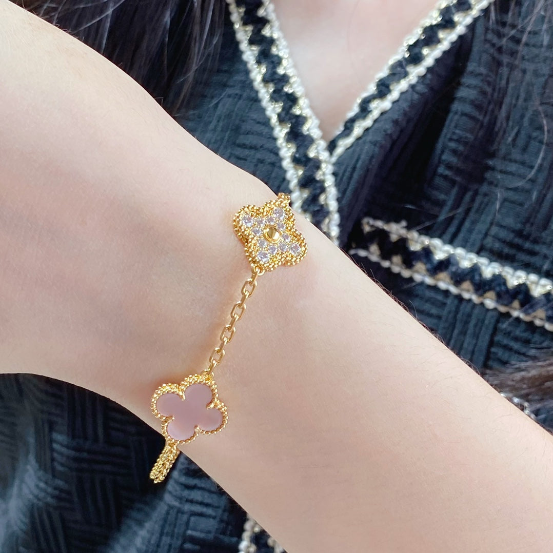 [Clover-Jewelry]CLOVER 5 MOTIF DIAMOND PINK MOP PINK GOLD BRACELET