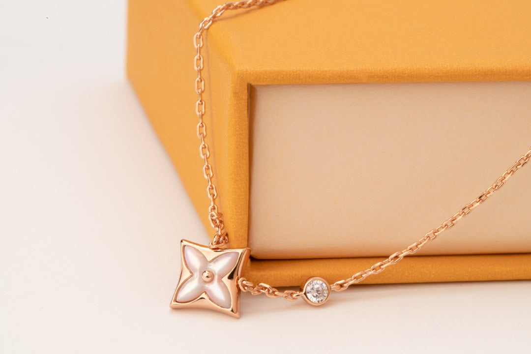 [Clover-Jewelry]STAR PINK MOP 1 DIAMOND PINK GOLD NECKLACE