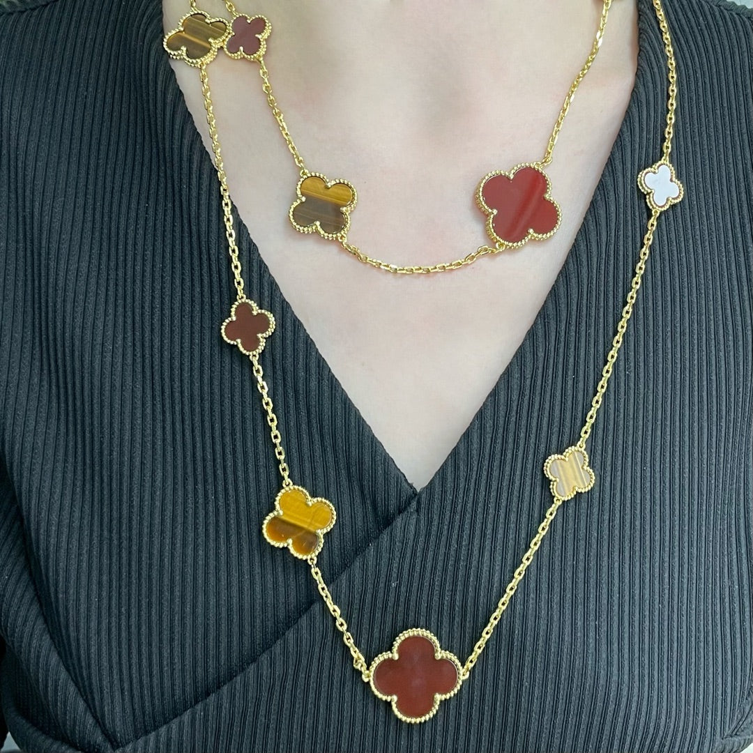 [Clover-Jewelry]CLOVER 16 MOTIF CARNELIAN TIGER EYE ROSE GOLD NECKLACE