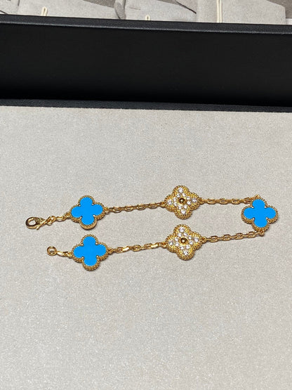 [Clover-Jewelry]CLOVER 5 MOTIF BLUE CHALCEDONY DIAMOND GOLD BRACELET