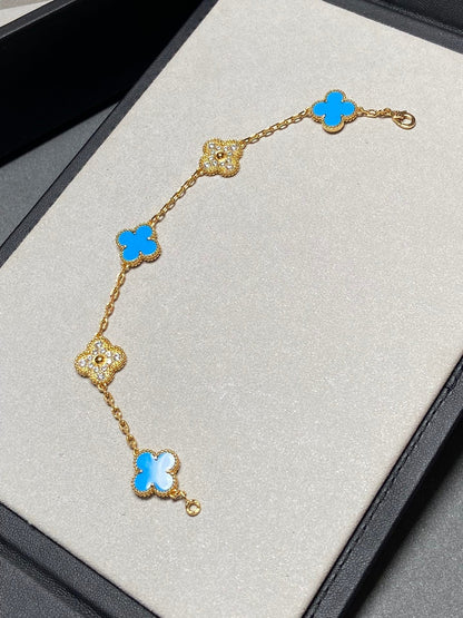 [Clover-Jewelry]CLOVER 5 MOTIF BLUE CHALCEDONY DIAMOND GOLD BRACELET