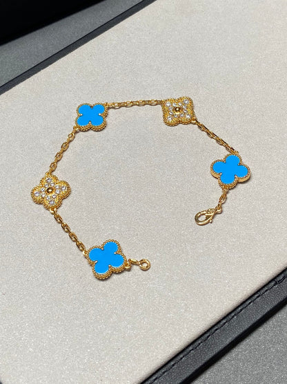 [Clover-Jewelry]CLOVER 5 MOTIF BLUE CHALCEDONY DIAMOND GOLD BRACELET