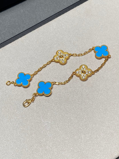 [Clover-Jewelry]CLOVER 5 MOTIF BLUE CHALCEDONY DIAMOND GOLD BRACELET