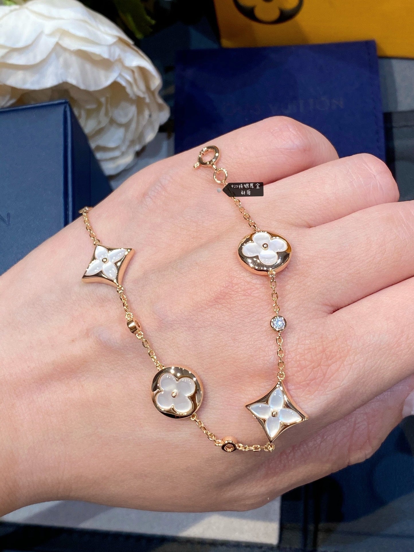 [Clover-Jewelry]STAR AND SUN 4 MOTIF WHITE MOP PINK GOLD BRACELET