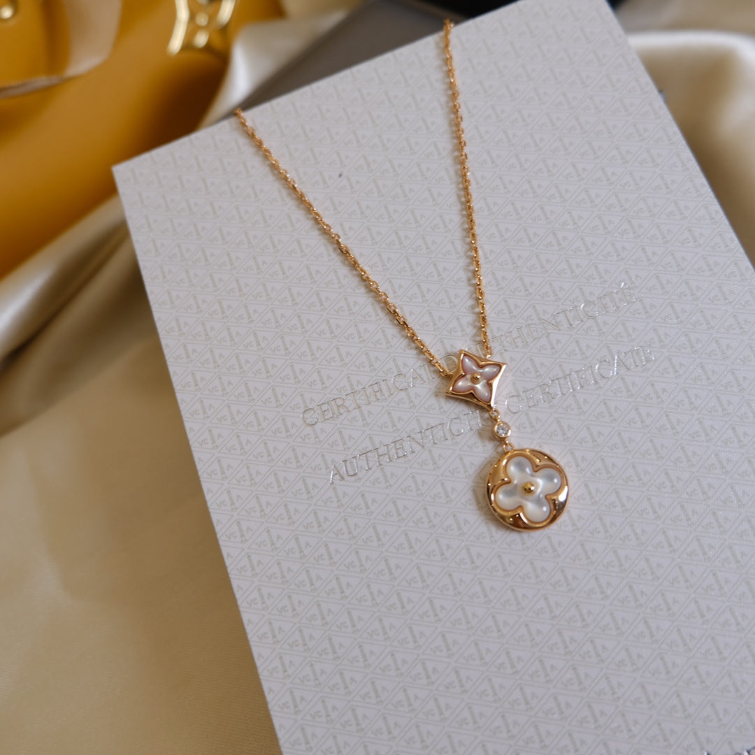 [Clover-Jewelry]STAR AND SUN WHITE MOP 2 MOTIF PINK GOLD NECKLACE