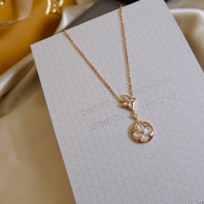 [Clover-Jewelry]STAR AND SUN WHITE MOP 2 MOTIF PINK GOLD NECKLACE