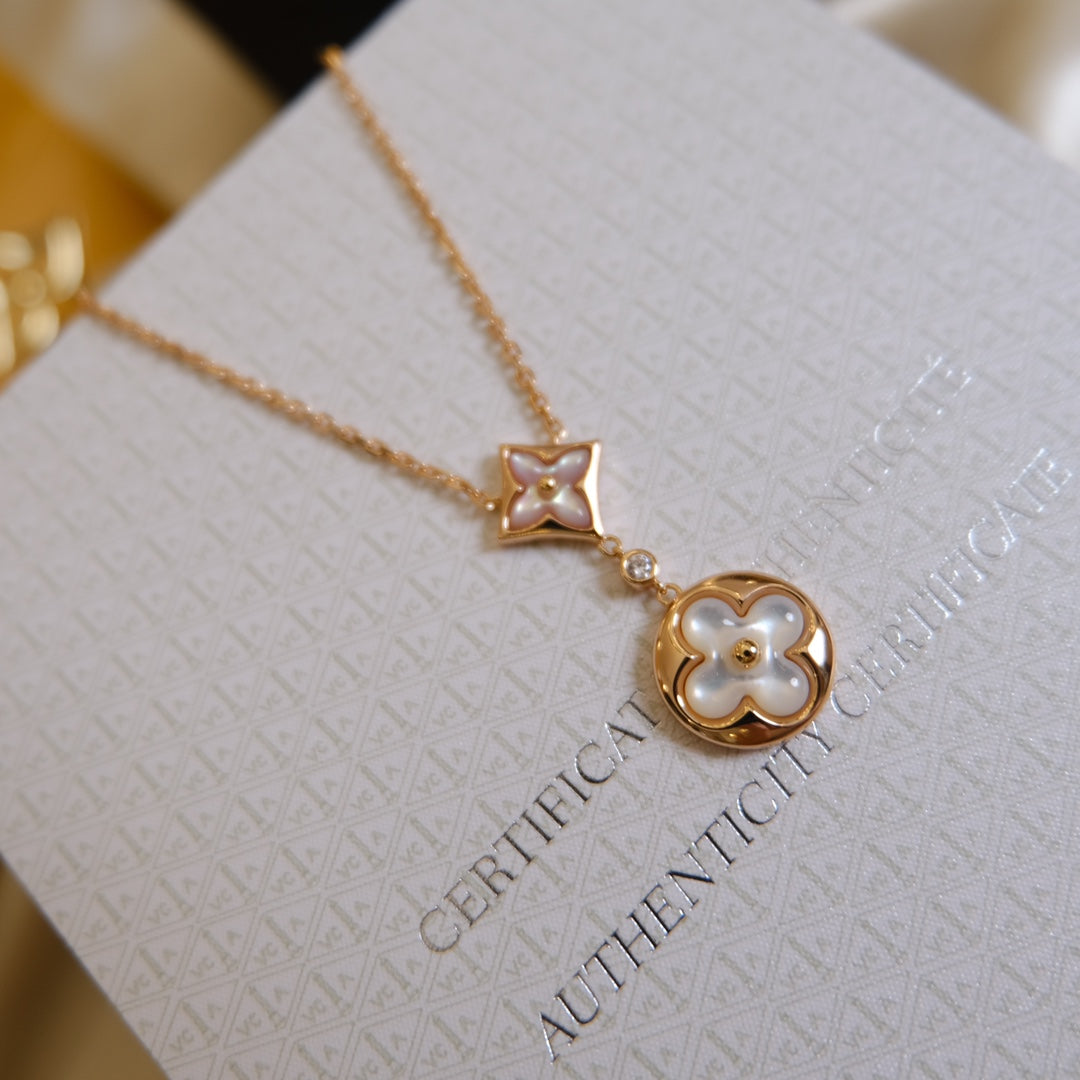 [Clover-Jewelry]STAR AND SUN WHITE MOP 2 MOTIF PINK GOLD NECKLACE