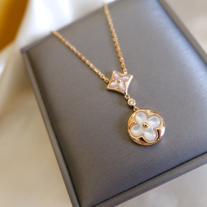 [Clover-Jewelry]STAR AND SUN WHITE MOP 2 MOTIF PINK GOLD NECKLACE