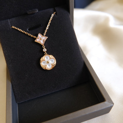 [Clover-Jewelry]STAR AND SUN WHITE MOP 2 MOTIF PINK GOLD NECKLACE