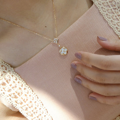 [Clover-Jewelry]STAR AND SUN WHITE MOP 2 MOTIF PINK GOLD NECKLACE