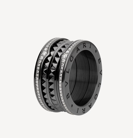 [Clover-Jewelry]ZERO 1 ROCK FOUR-BAND BLACK CERAMIC WITH STUDDED SPIRAL AND PAVED DIAMONDS RING