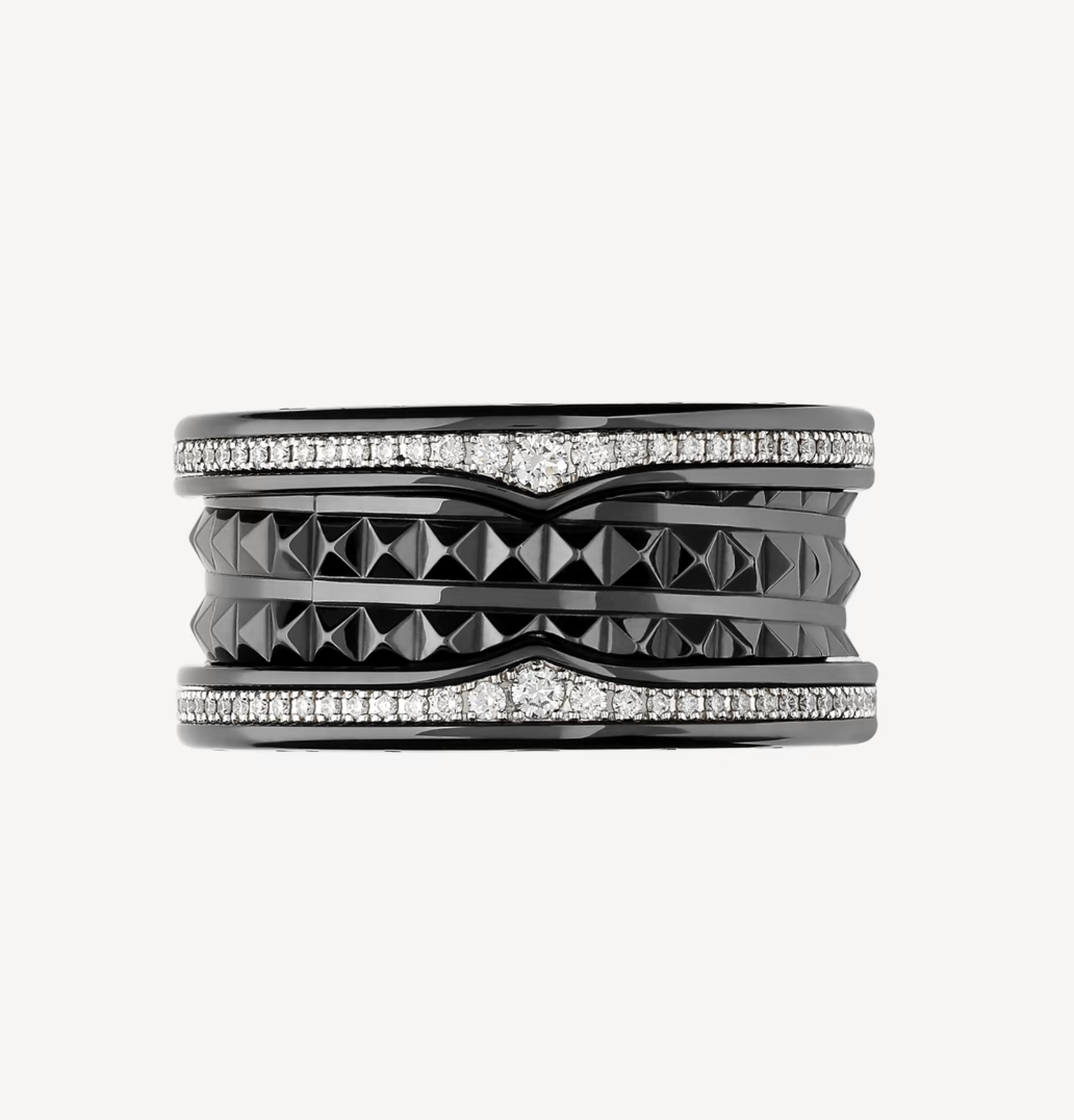 [Clover-Jewelry]ZERO 1 ROCK FOUR-BAND BLACK CERAMIC WITH STUDDED SPIRAL AND PAVED DIAMONDS RING