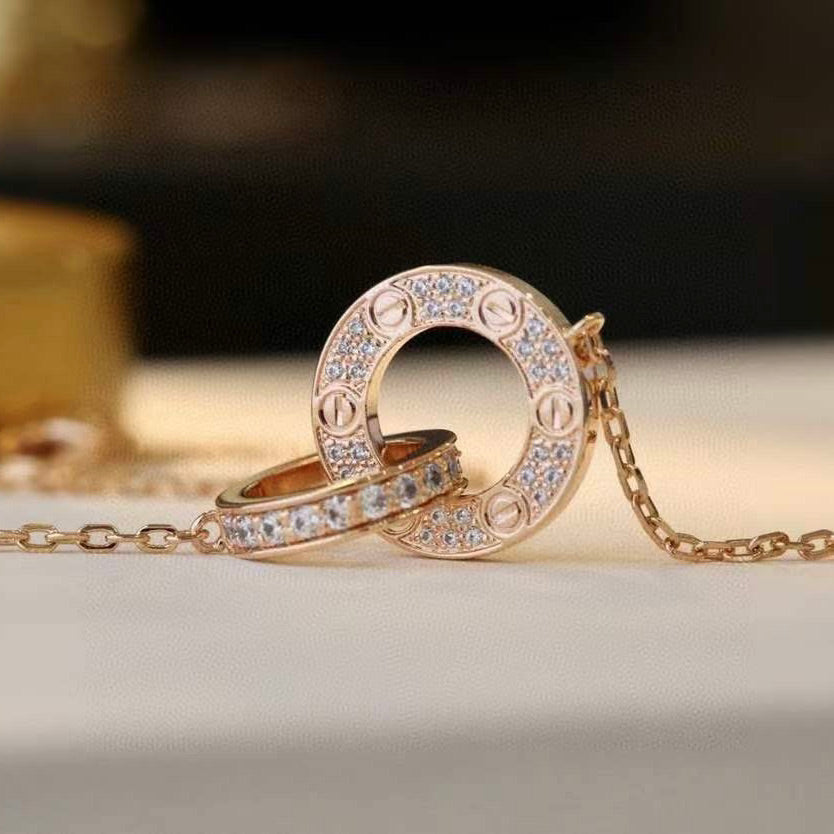 [Clover-Jewelry]LOVE 7.6MM NECKLACE ROSE GOLD AND SILVER  FULL DIAMOND