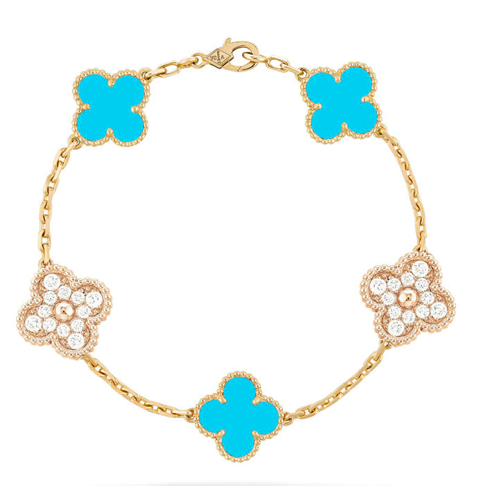 [Clover-Jewelry]CLOVER 5 MOTIF TURQUOISE DIAMOND GOLD BRACELET