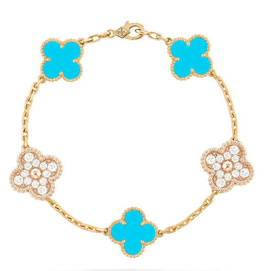 [Clover-Jewelry]CLOVER 5 MOTIF TURQUOISE DIAMOND GOLD BRACELET