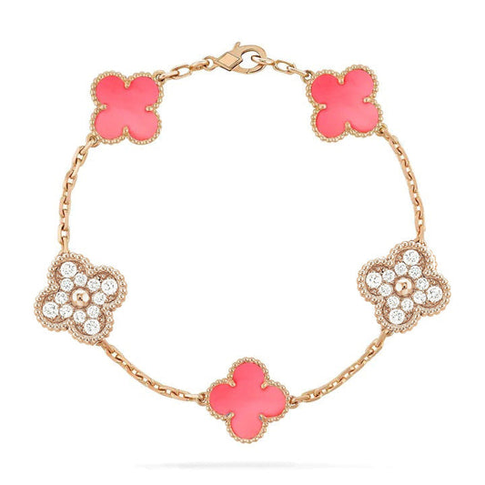 [Clover-Jewelry]CLOVER 5 MOTIF DIAMOND PINK MOP PINK GOLD BRACELET