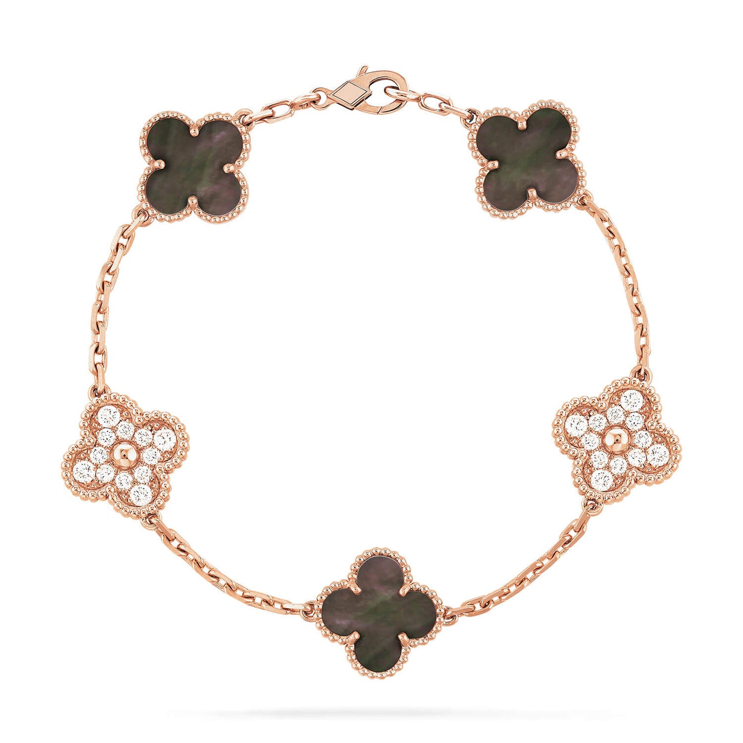 [Clover-Jewelry]CLOVER 5 MOTIFS DARK MOP AND DIAMONDS PINK GOLD BRACELET