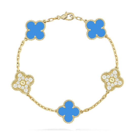 [Clover-Jewelry]CLOVER 5 MOTIF BLUE CHALCEDONY DIAMOND GOLD BRACELET