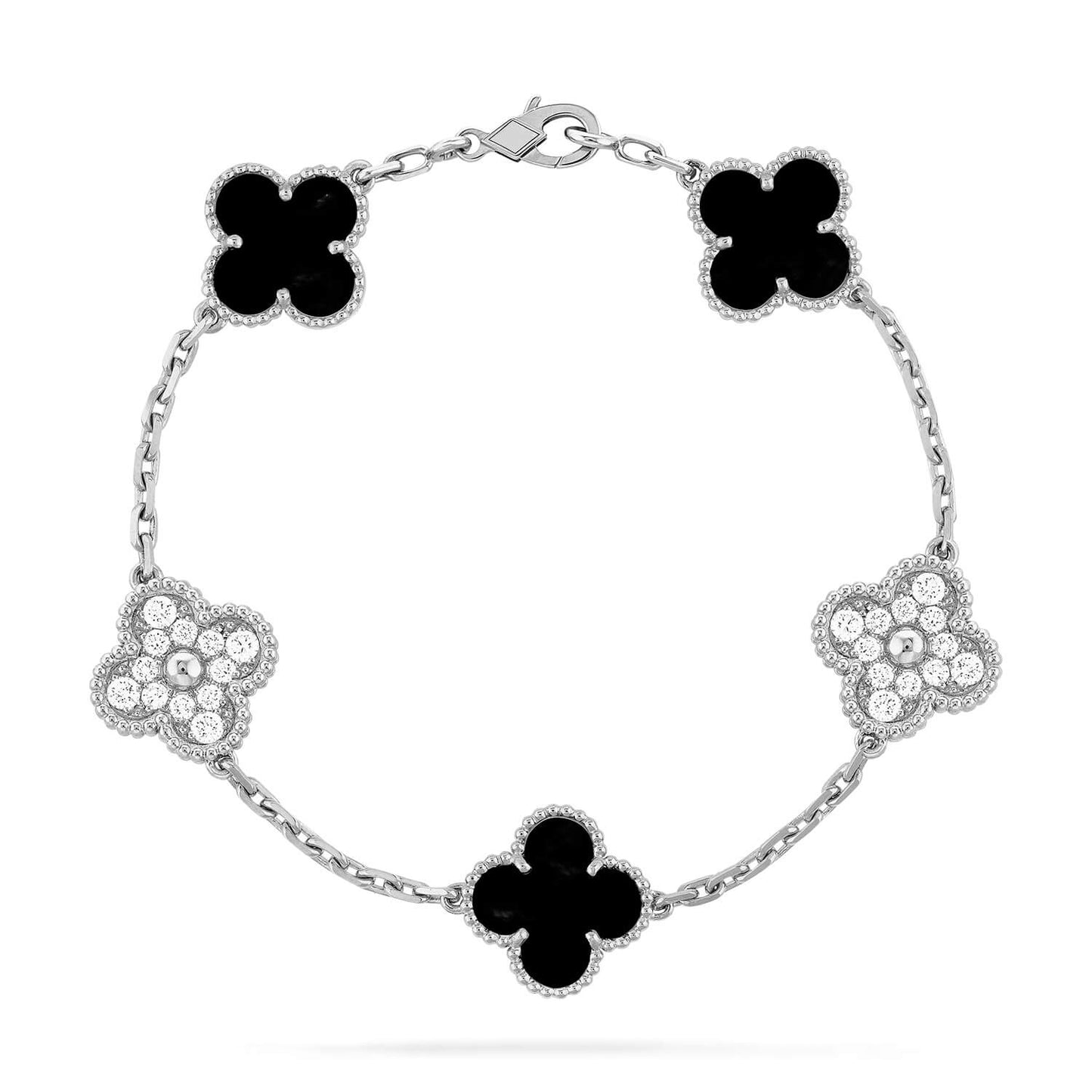 [Clover-Jewelry]CLOVER 5 MOTIF ONYXS DIAMOND BRACELET SILVER