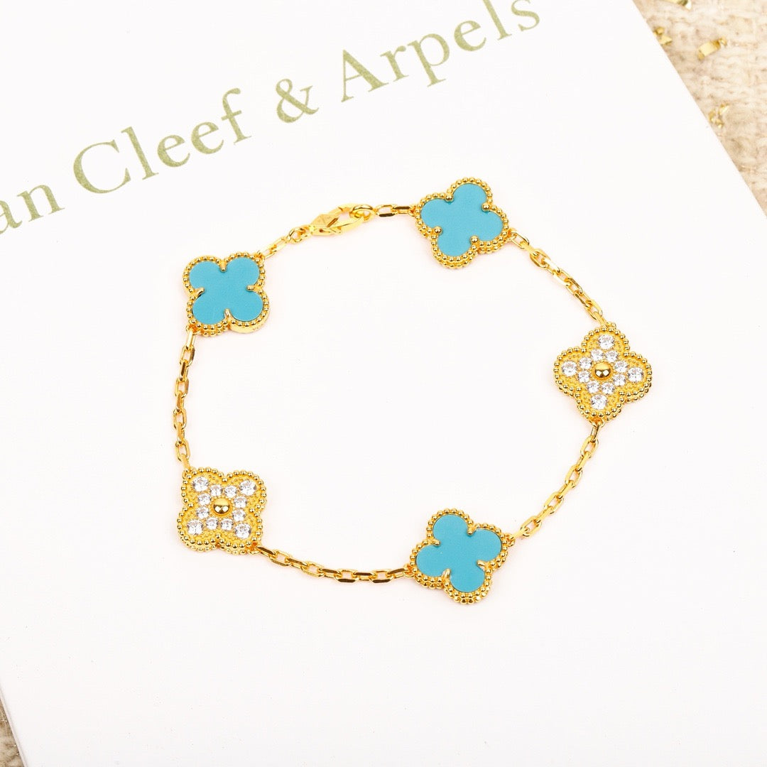 [Clover-Jewelry]CLOVER 5 MOTIF TURQUOISE DIAMOND GOLD BRACELET