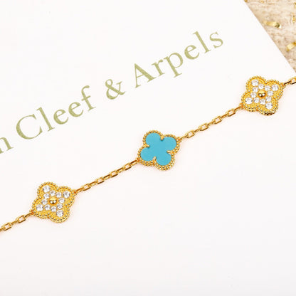 [Clover-Jewelry]CLOVER 5 MOTIF TURQUOISE DIAMOND GOLD BRACELET