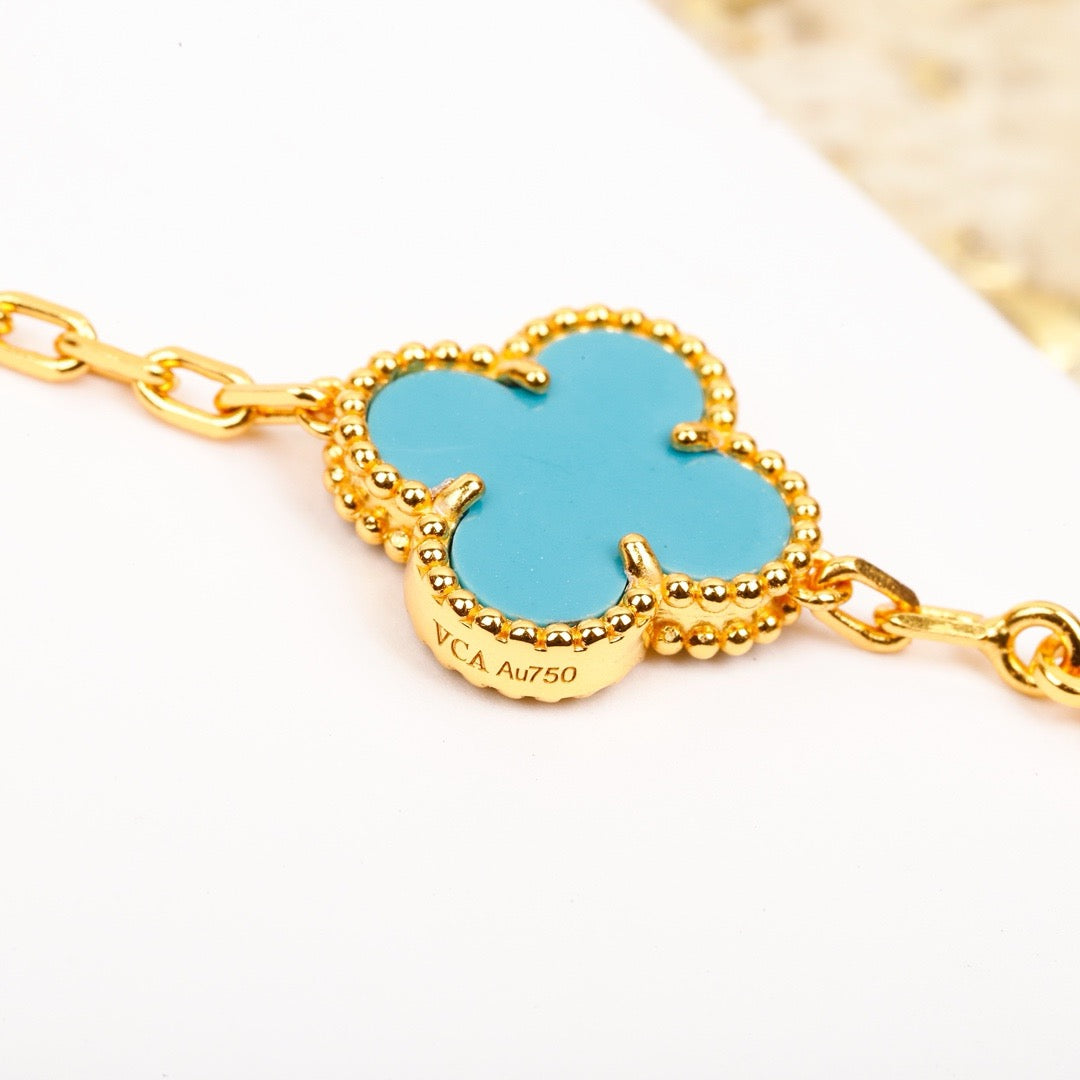 [Clover-Jewelry]CLOVER 5 MOTIF TURQUOISE DIAMOND GOLD BRACELET