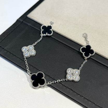 [Clover-Jewelry]CLOVER 5 MOTIF ONYXS DIAMOND BRACELET SILVER