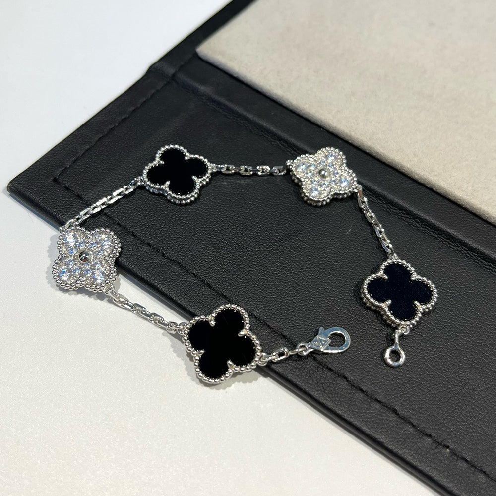 [Clover-Jewelry]CLOVER 5 MOTIF ONYXS DIAMOND BRACELET SILVER