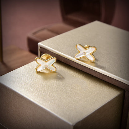 [Clover-Jewelry]JEUX DE WHITE MOP GOLD DIAMOND EARRINGS