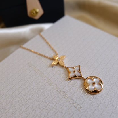 [Clover-Jewelry]COLOR BLOSSOM LARIAT NECKLACE PINK GOLD WHITE MOTHER PEARL AND DIAMOND