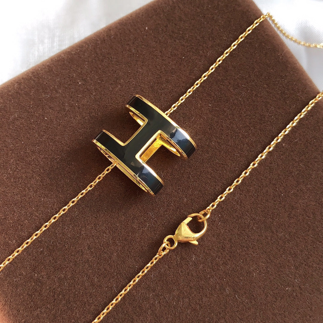 [Clover-Jewelry]HM CLIC BLACK ENAMEL GOLD NECKLACE