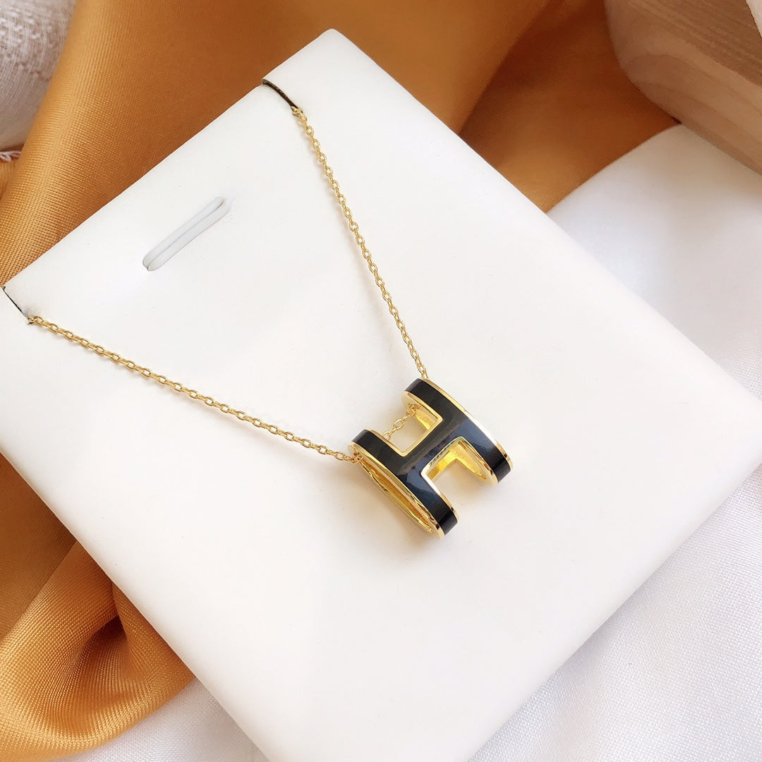 [Clover-Jewelry]HM CLIC BLACK ENAMEL GOLD NECKLACE