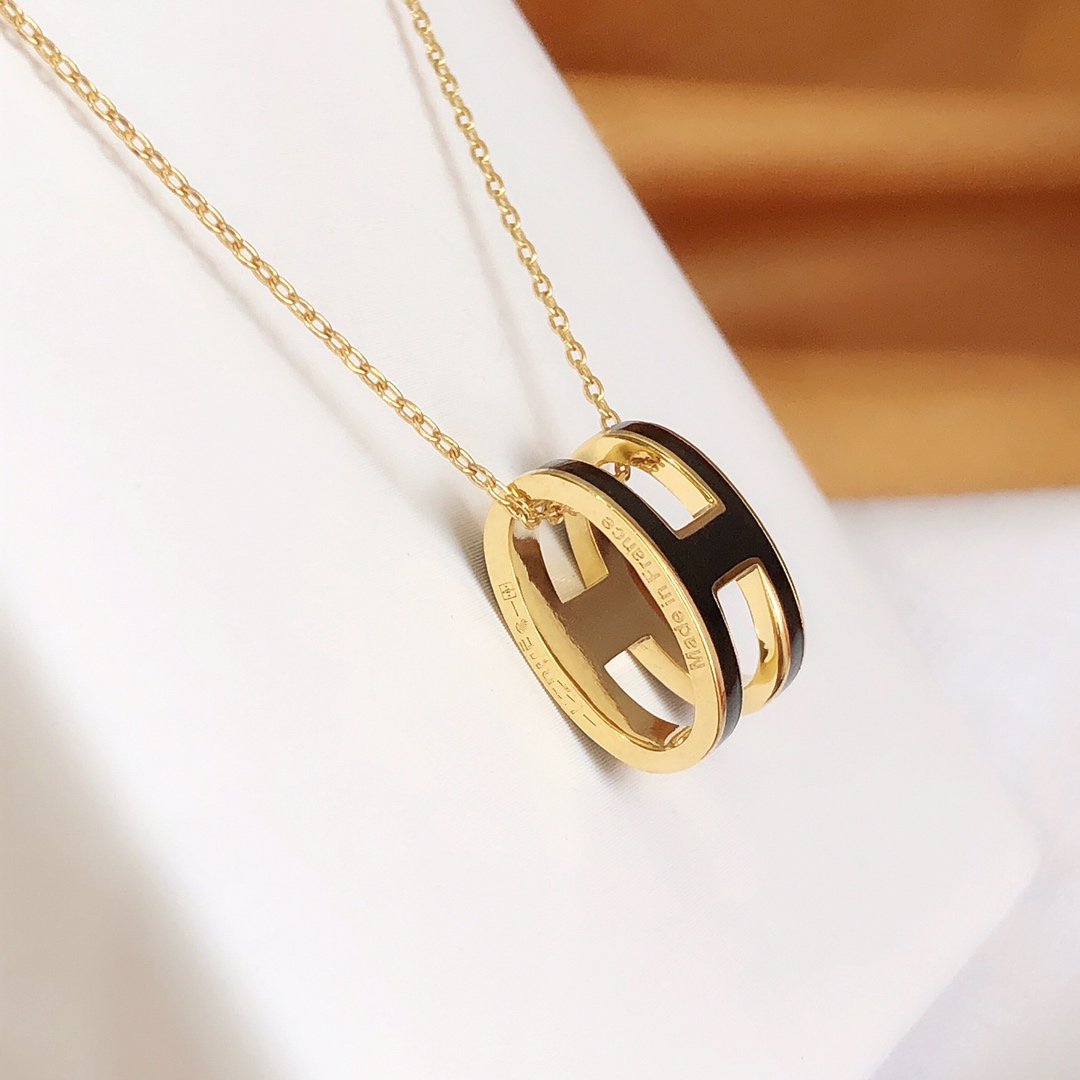 [Clover-Jewelry]HM CLIC BLACK ENAMEL GOLD NECKLACE