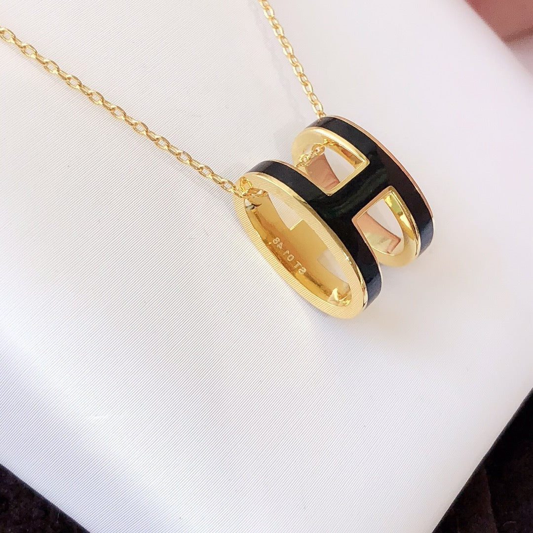 [Clover-Jewelry]HM CLIC BLACK ENAMEL GOLD NECKLACE