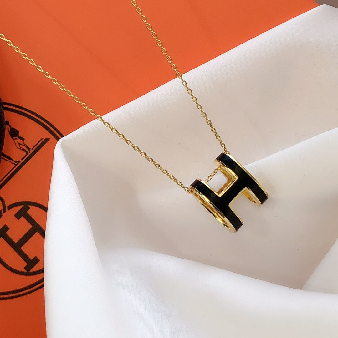 [Clover-Jewelry]HM CLIC BLACK ENAMEL GOLD NECKLACE