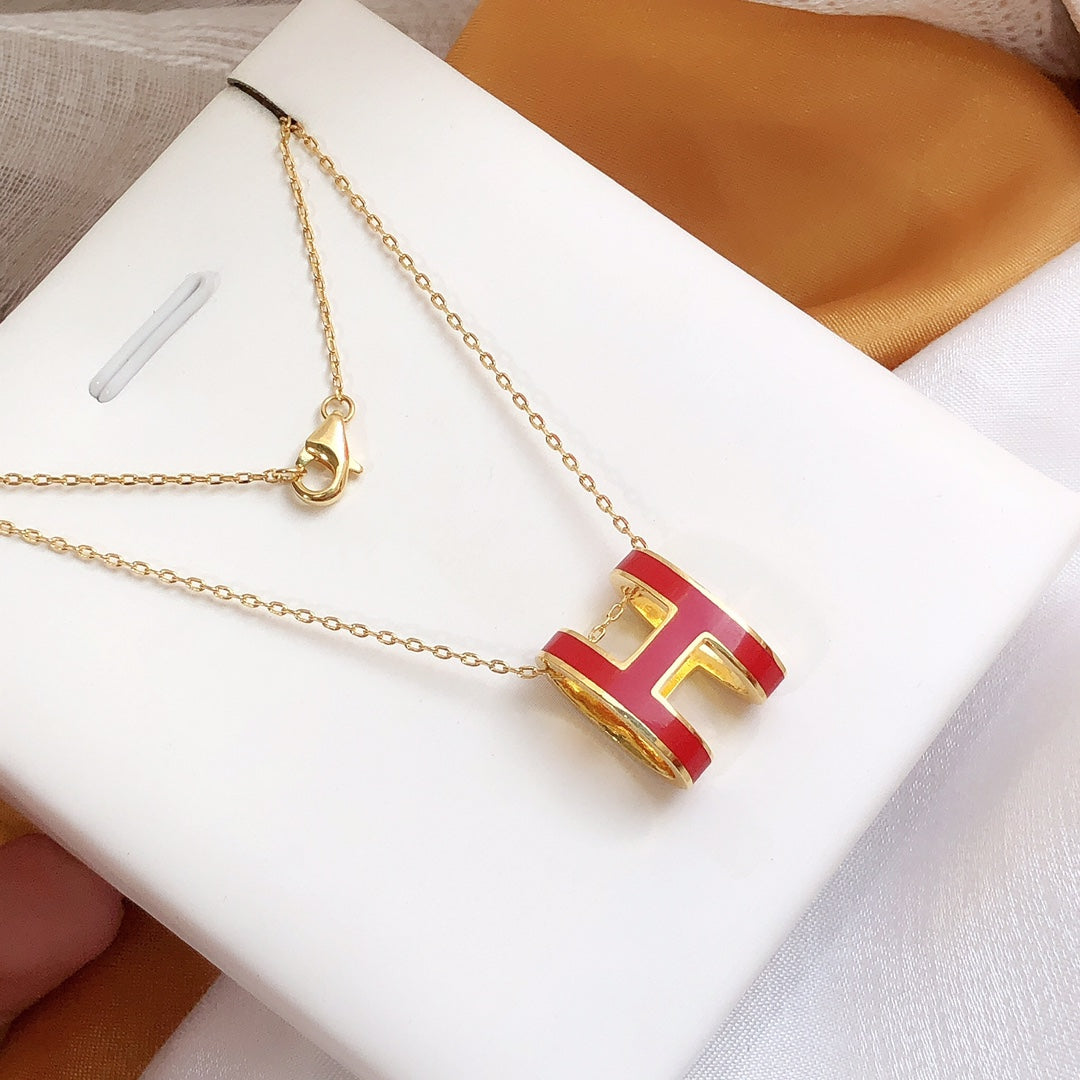 [Clover-Jewelry]HM CLIC RED ENAMEL GOLD NECKLACE