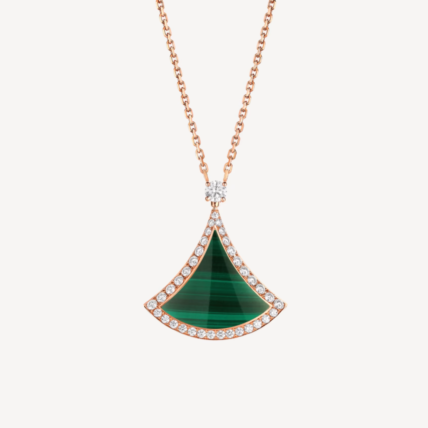 [Clover-Jewelry]DREAM MALACHITE DIAMOND PAVED PINK GOLD NECKLACE