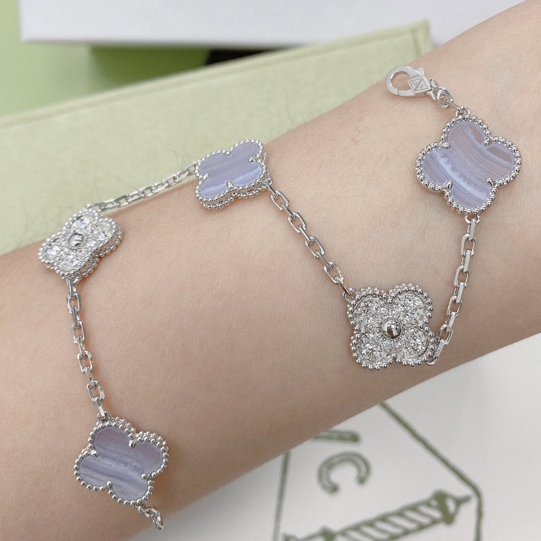 [Clover-Jewelry]CLOVER  5 MOTIF DIAMOND PURPLE CHALCEDONY BRACELET SILVER