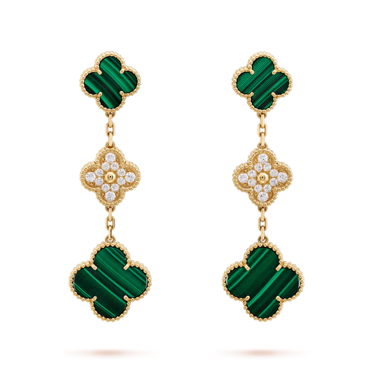 [Clover-Jewelry]CLOVER EARRINGS GOLD MALACHITE DIAMOND 3 MOTIF