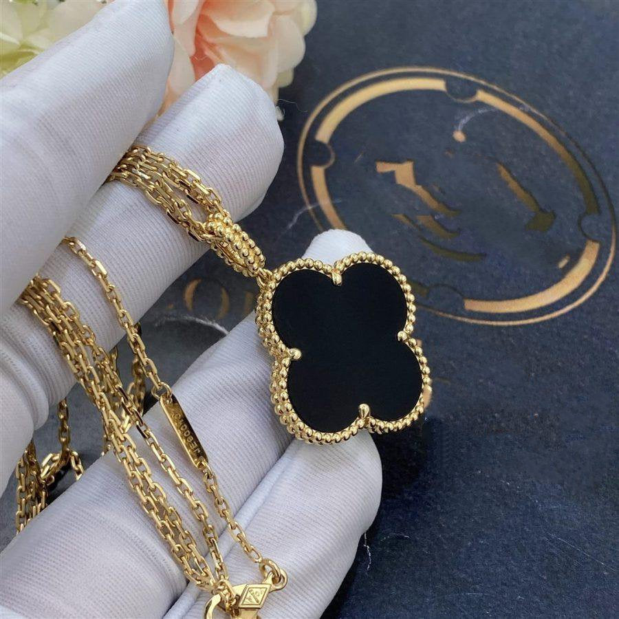 [Clover-Jewelry]CLOVER 25MM GOLD ONYX BIG CLOVER NECKLACE