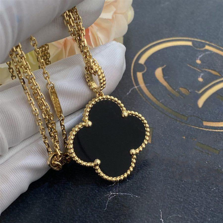 [Clover-Jewelry]CLOVER 25MM GOLD ONYX BIG CLOVER NECKLACE