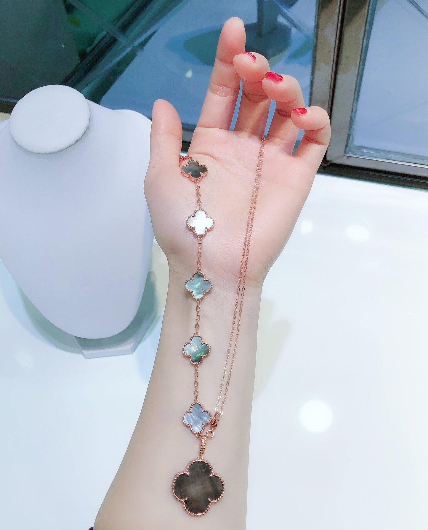 [Clover-Jewelry]COMBINED BRACELET 5 MOTIFS AND NECKLACE DARK MOP ROSE GOLD