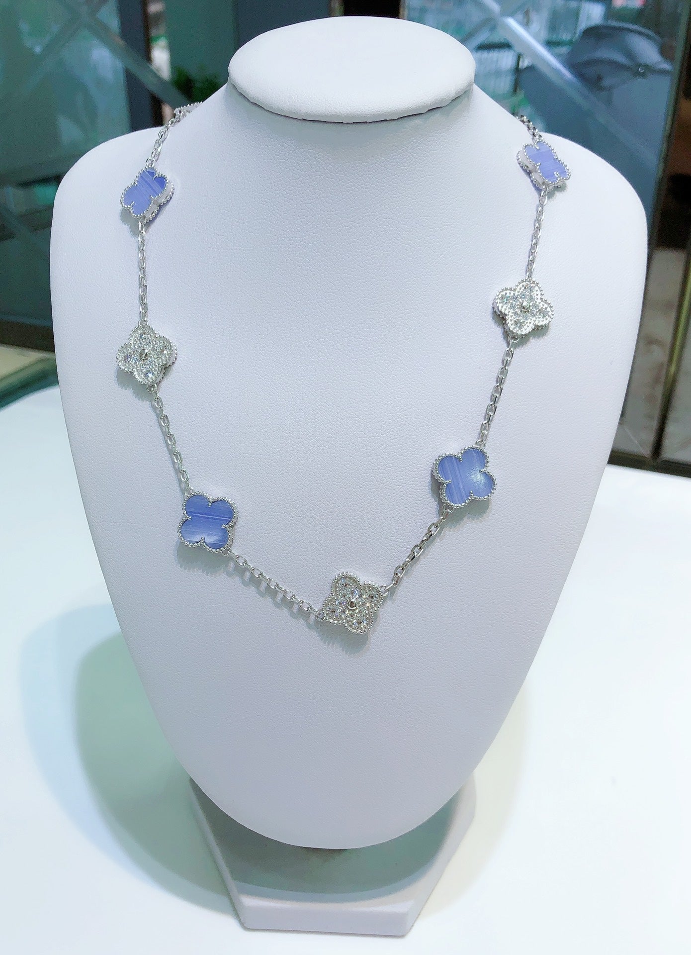 [Clover-Jewelry]CLOVER 10 MOTIFS CHALCEDONY DIAMONDS SILVER NECKLACE