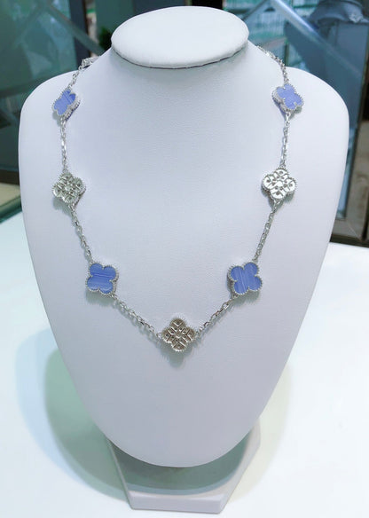 [Clover-Jewelry]CLOVER 10 MOTIFS CHALCEDONY DIAMONDS SILVER NECKLACE