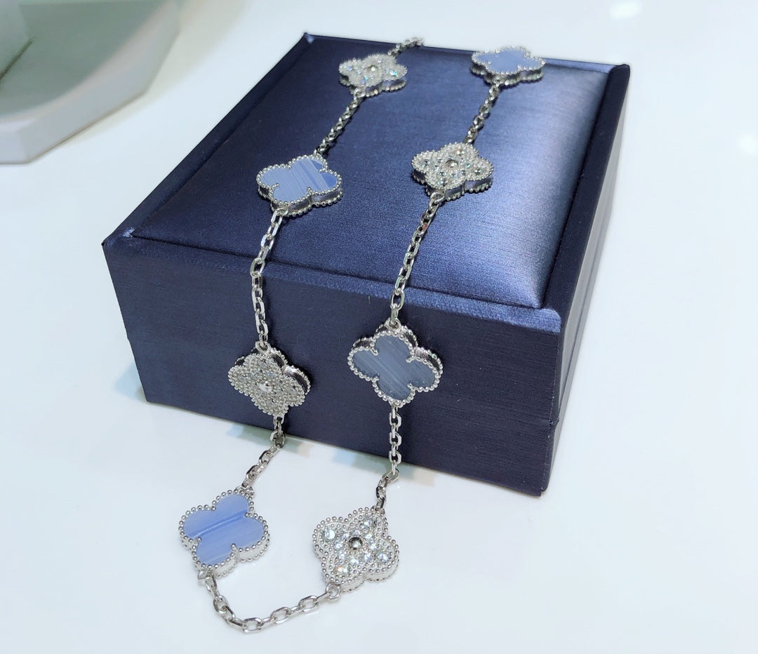 [Clover-Jewelry]CLOVER 10 MOTIFS CHALCEDONY DIAMONDS SILVER NECKLACE