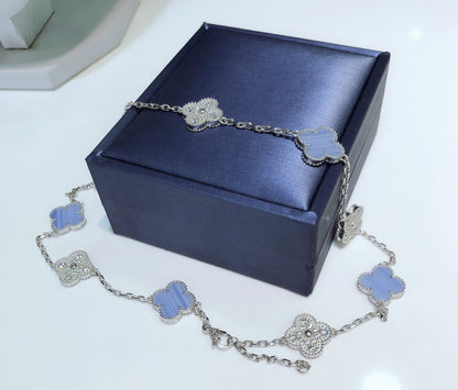 [Clover-Jewelry]CLOVER 10 MOTIFS CHALCEDONY DIAMONDS SILVER NECKLACE