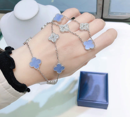 [Clover-Jewelry]CLOVER 10 MOTIFS CHALCEDONY DIAMONDS SILVER NECKLACE