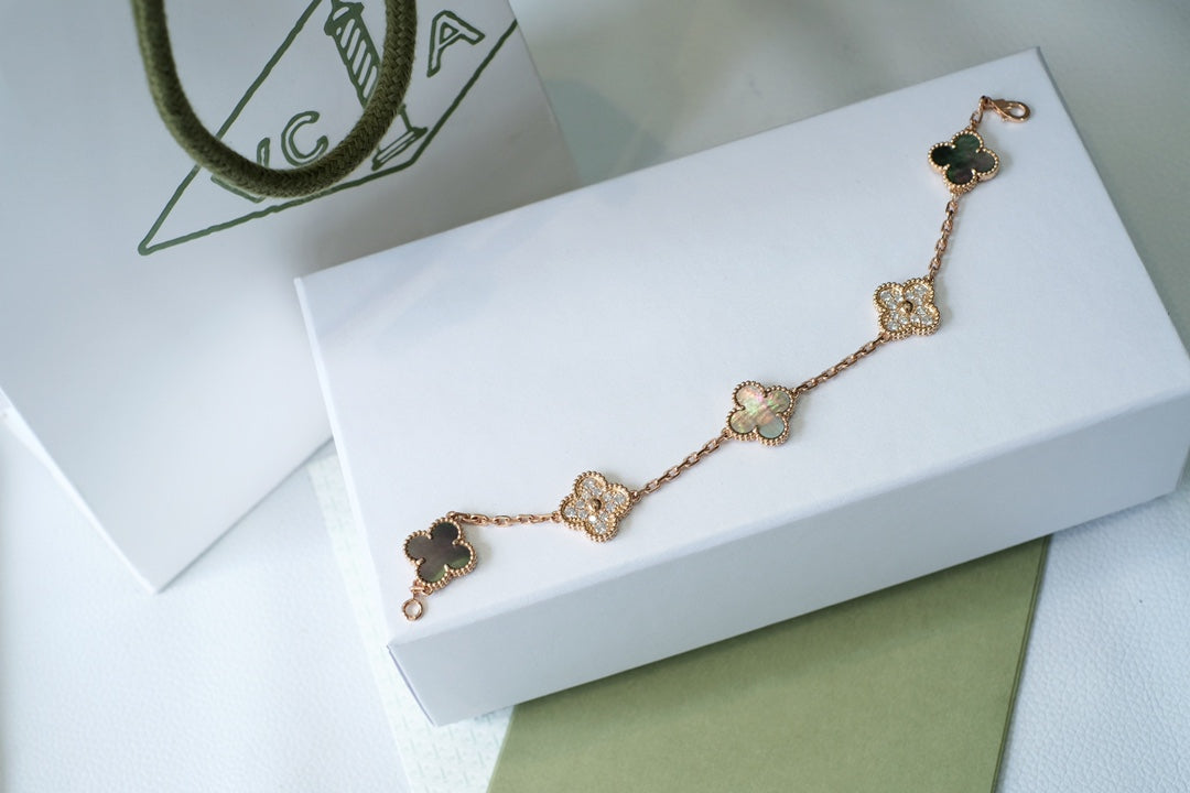 [Clover-Jewelry]CLOVER 5 MOTIFS DARK MOP AND DIAMONDS PINK GOLD BRACELET