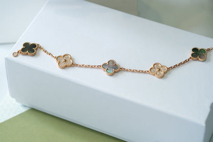 [Clover-Jewelry]CLOVER 5 MOTIFS DARK MOP AND DIAMONDS PINK GOLD BRACELET