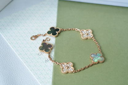 [Clover-Jewelry]CLOVER 5 MOTIFS DARK MOP AND DIAMONDS PINK GOLD BRACELET